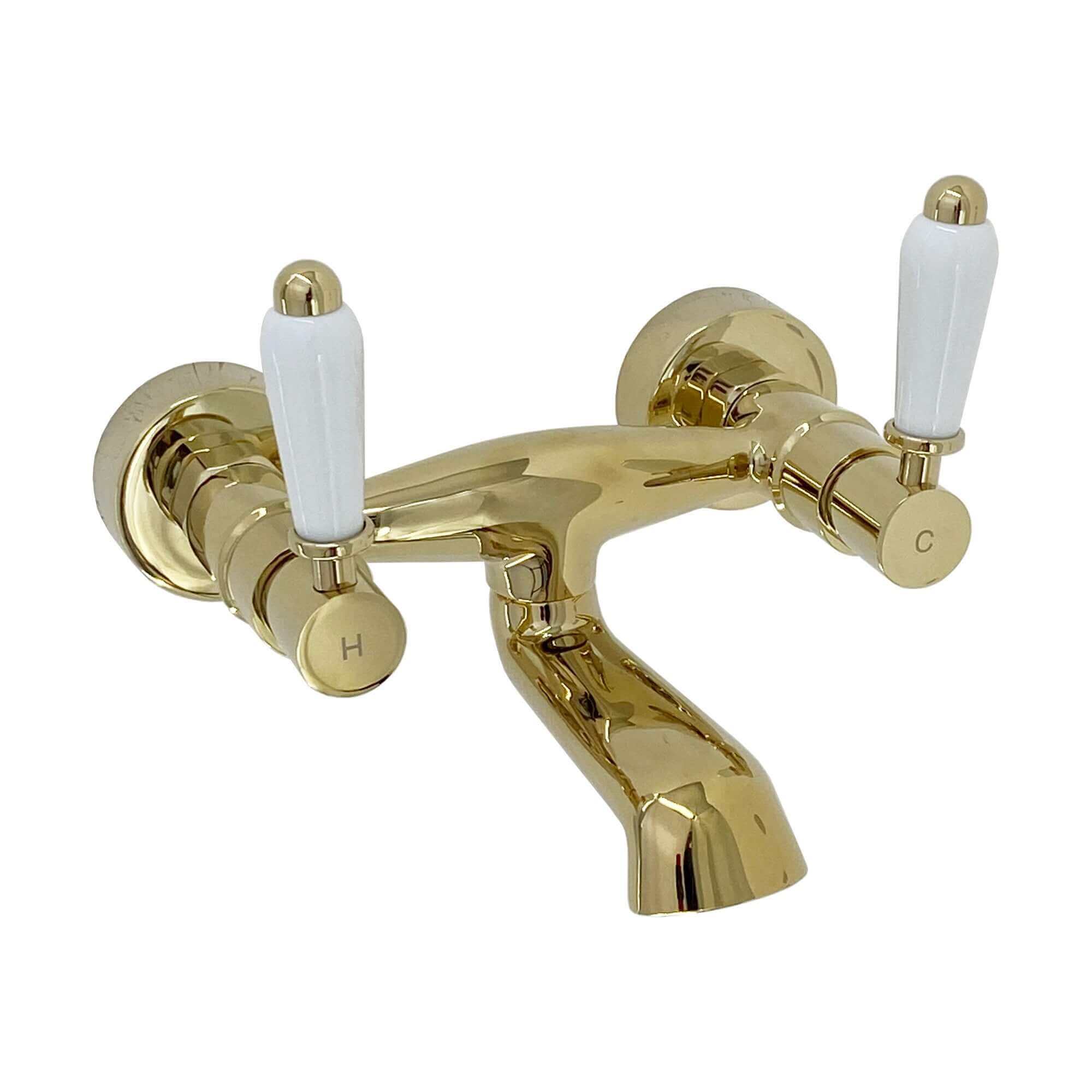 Buy Downton wall mounted bath mixer tap with white ceramic levers - gold Online UK | HOUSE OF ENKI